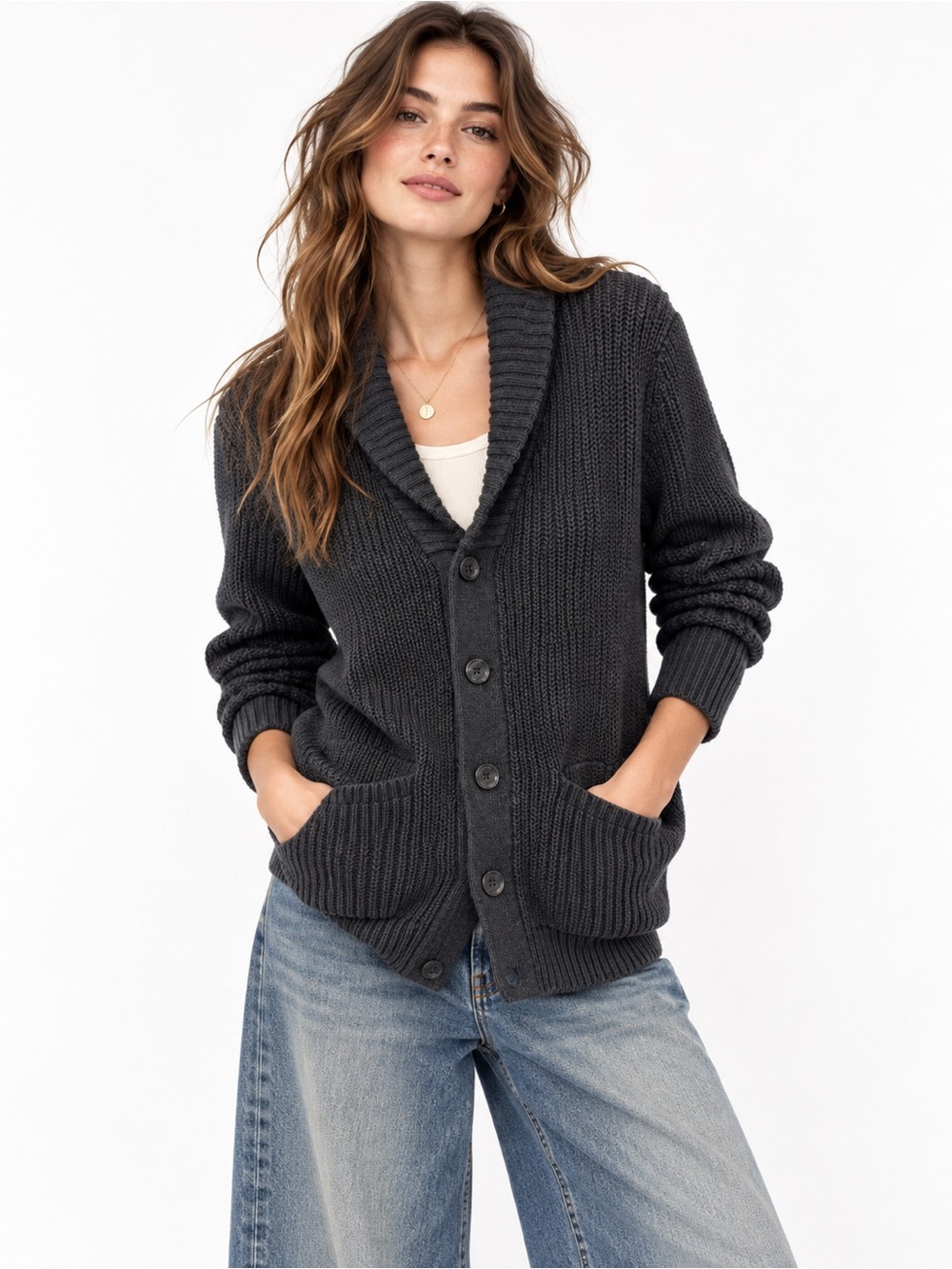 Calvin Klein Gray Shawl Collar Button Cardigan Sweater Small Preppy Grandpacore